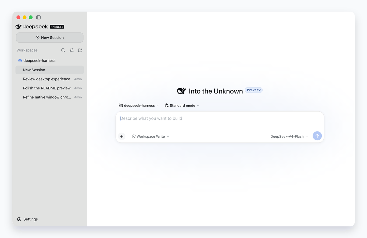 Installed DSH Desktop window with native macOS chrome, a glass sidebar, an isolated workspace with preset sessions, and the assembled agent composer
