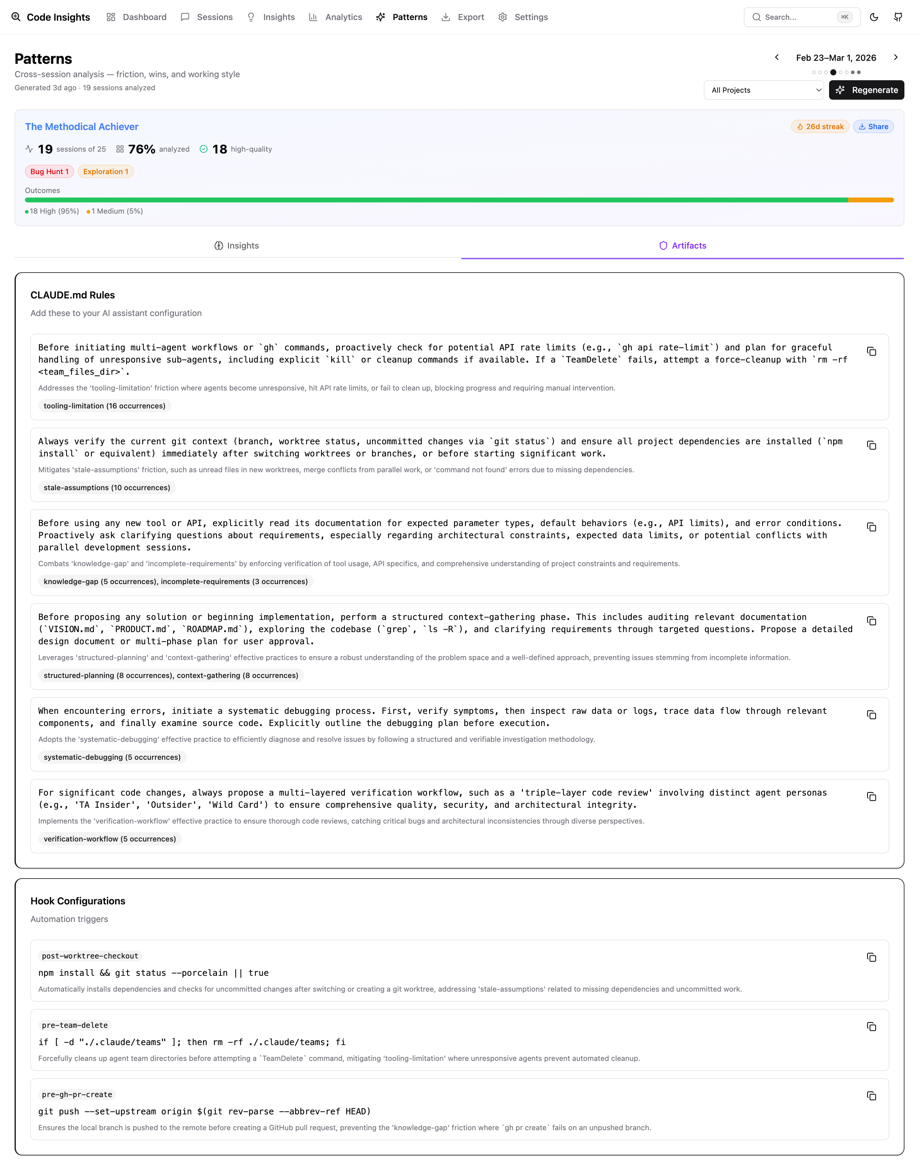 Patterns — friction points, effective patterns, generated rules