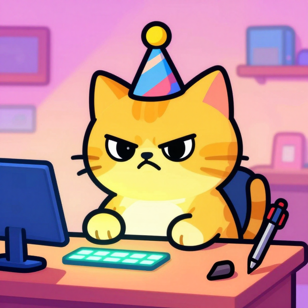 INTENTIO - Grumpy cat wearing a tiny party hat