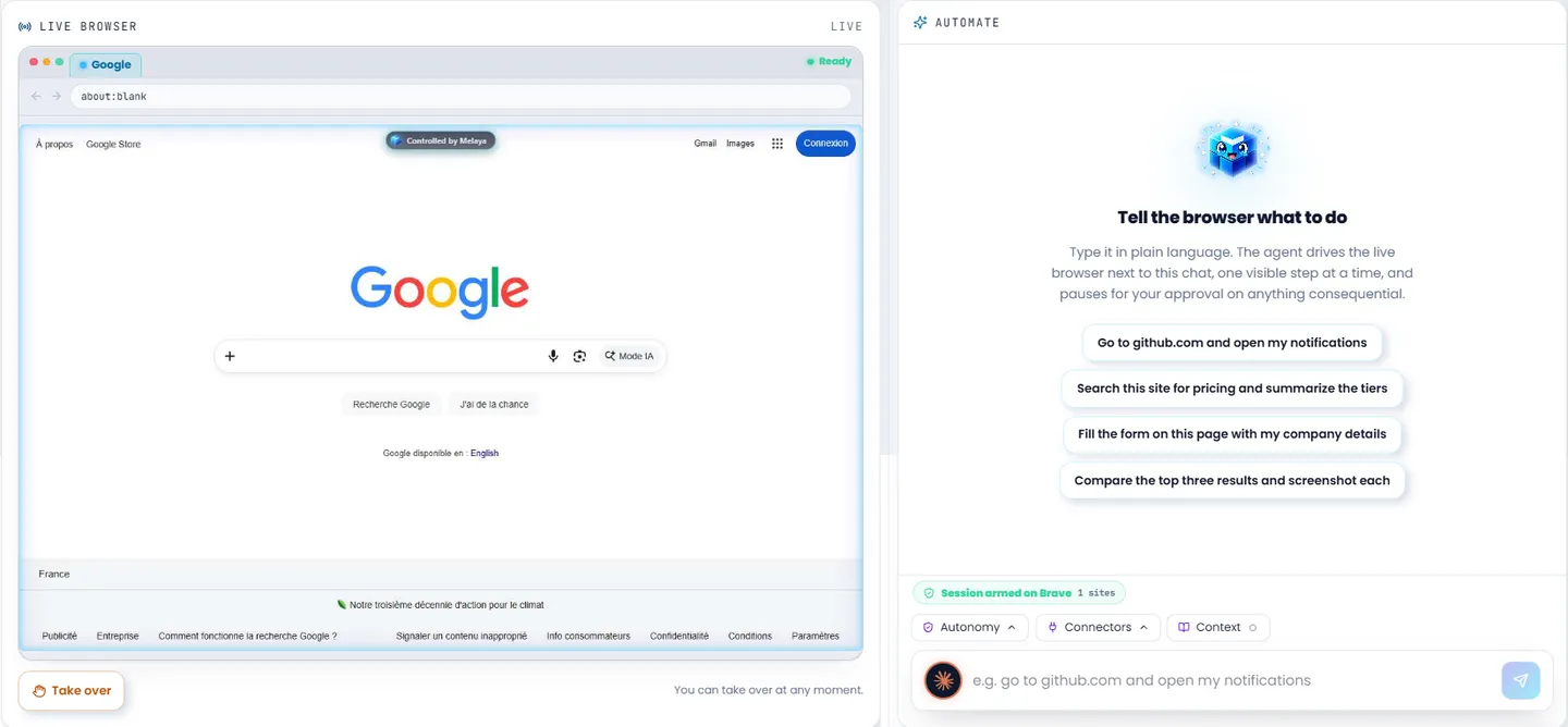 A live browser session, driven step by step