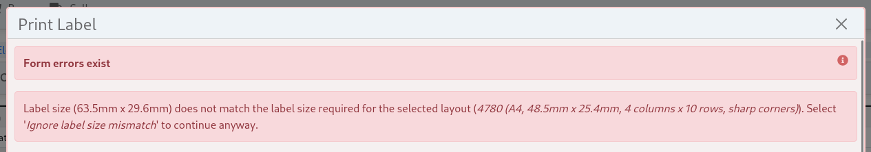 Error selected layout size does not match