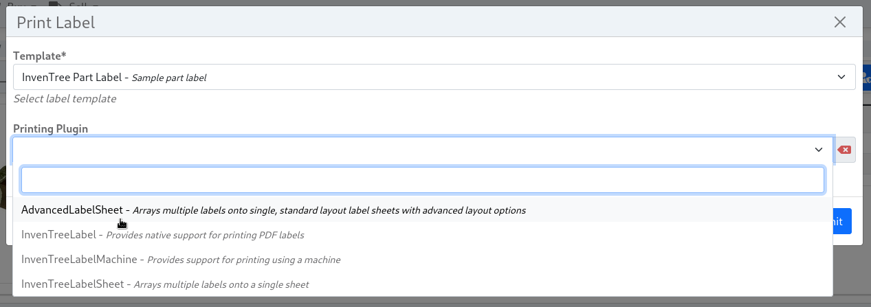 Printing dialog with plugin selection open