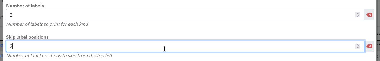 Settings for printing two labels, skipping the first two positions