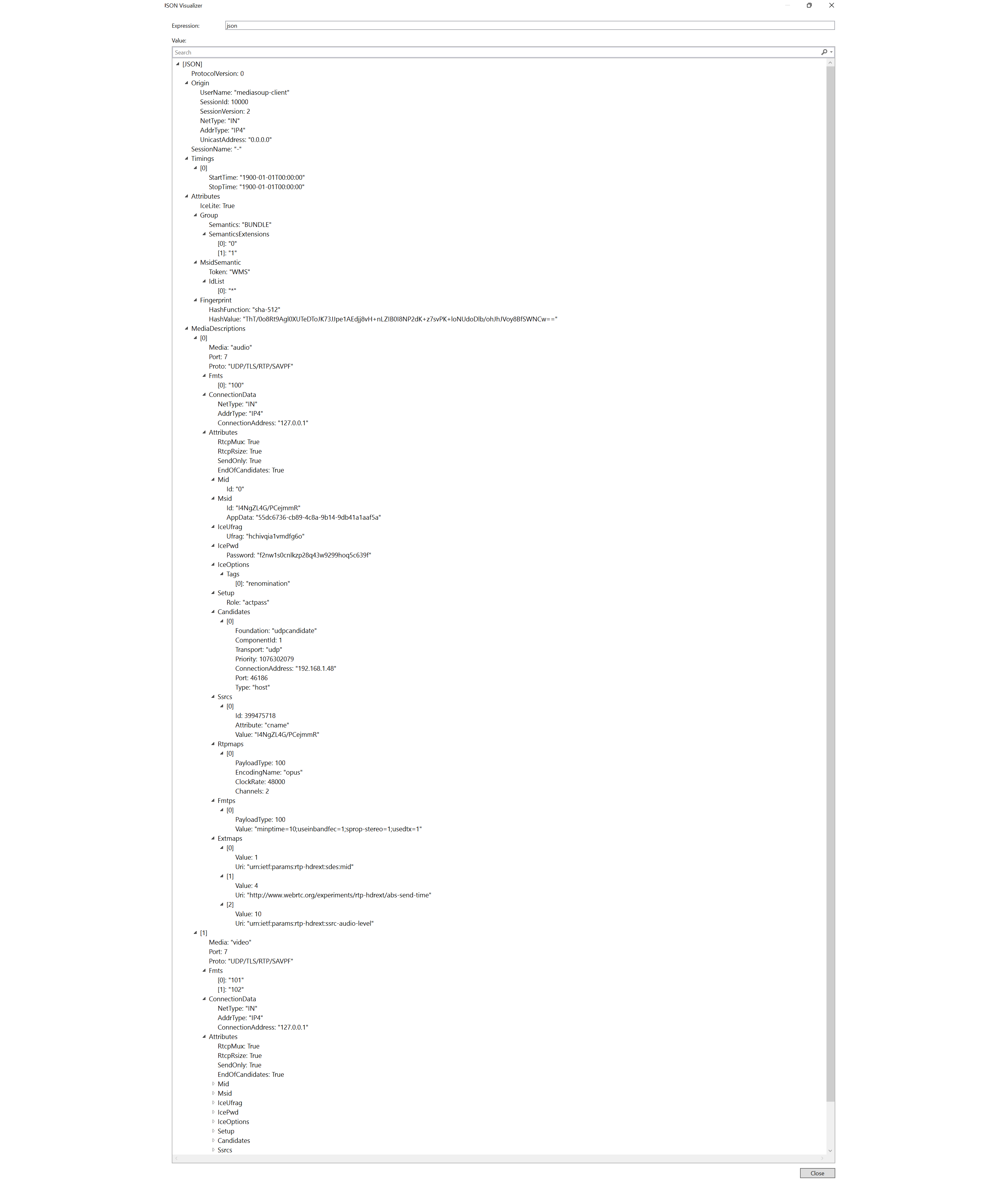 The WebRTC offer serialised to JSON