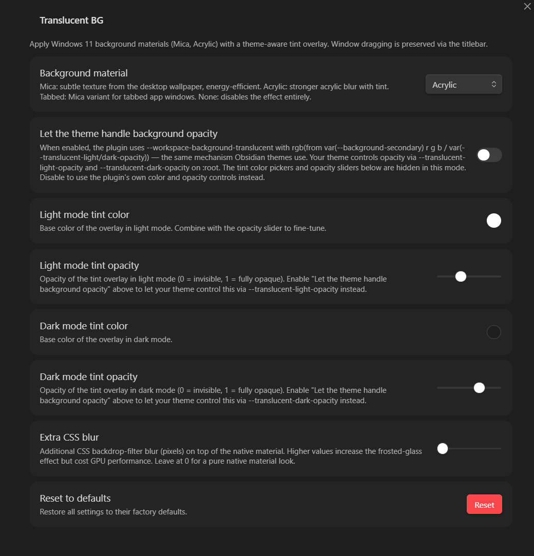 Settings panel