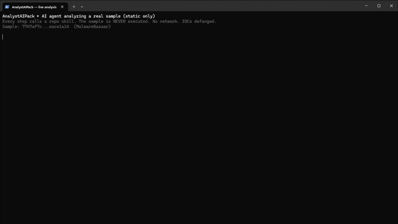 AnalystAIPack in action — an agent chaining skills from sample to detection