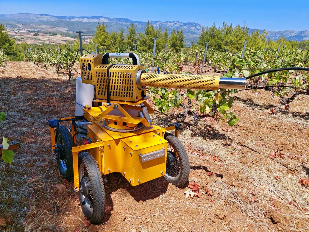 Agrofelis Robot in the vineyard with a pulse jet fogger