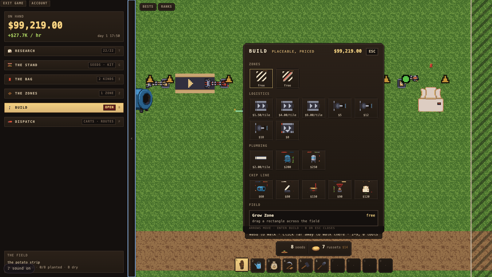 The Build menu: zones, belts, grabber arms, pipes, pumps, and the chip-line machines with prices