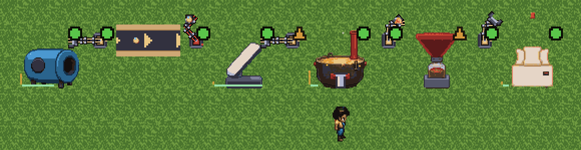 The chip line running: Washer, belt, Slicer, Fryer, Seasoner, Bagger, with grabber arms passing potatoes down the line