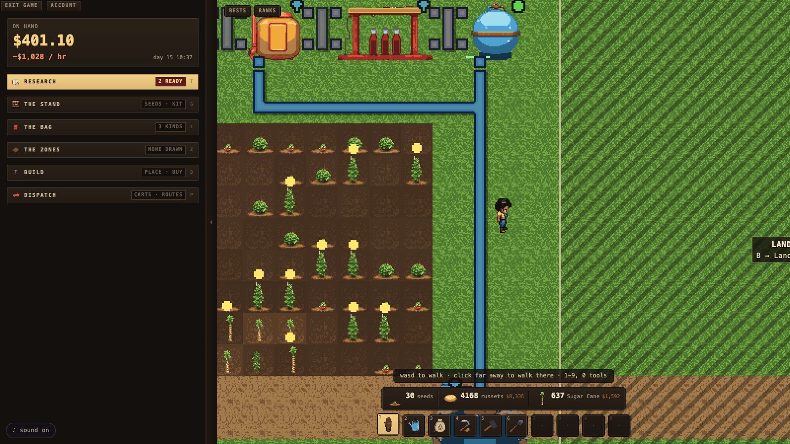 Day fifteen: a field of potatoes and sugar cane, irrigated by blue pipes, with a soda line running along the top