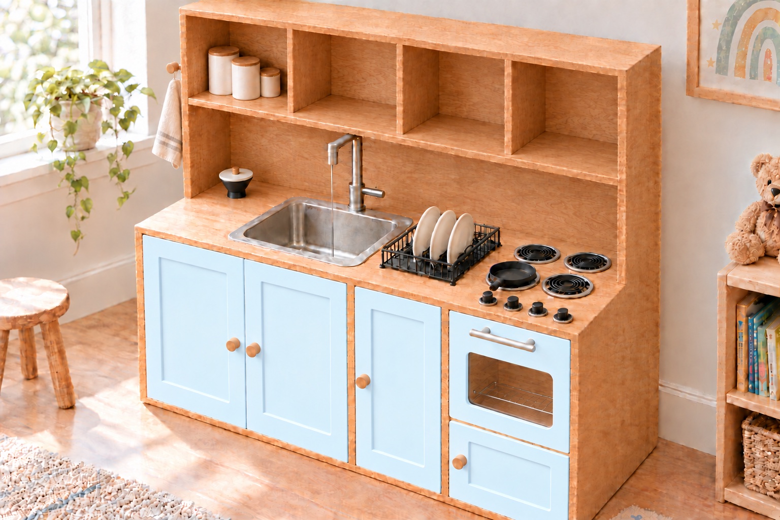 Render of the finished Mini Kitchen: an oak plywood hutch with open compartments up top, pale blue Shaker doors, a stainless bar sink with a running faucet, a dish rack, four burners and an oven with a window