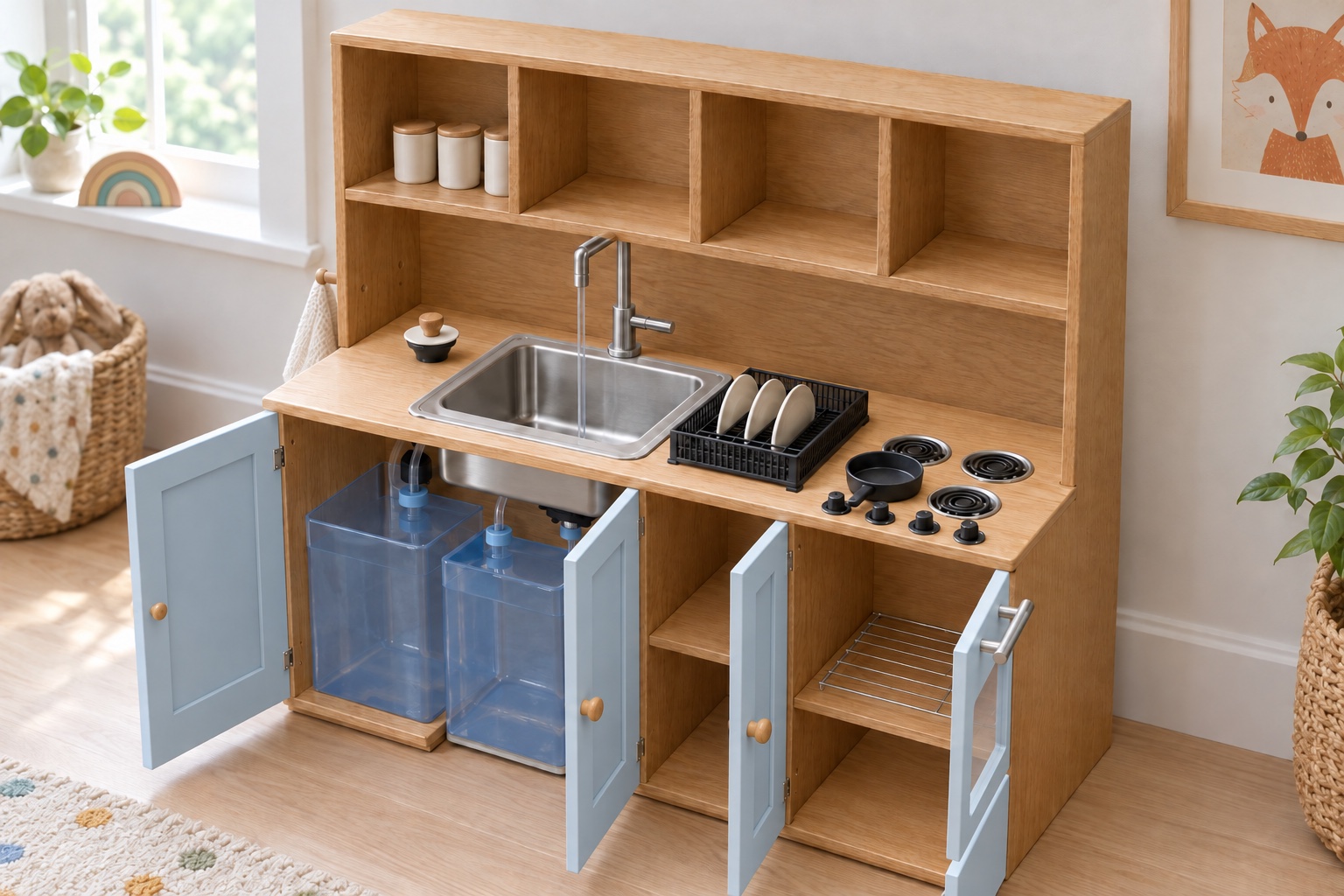 Render with every door open: the two water jugs and pump under the sink, the drying cupboard, the oven with its wire rack and the warming drawer