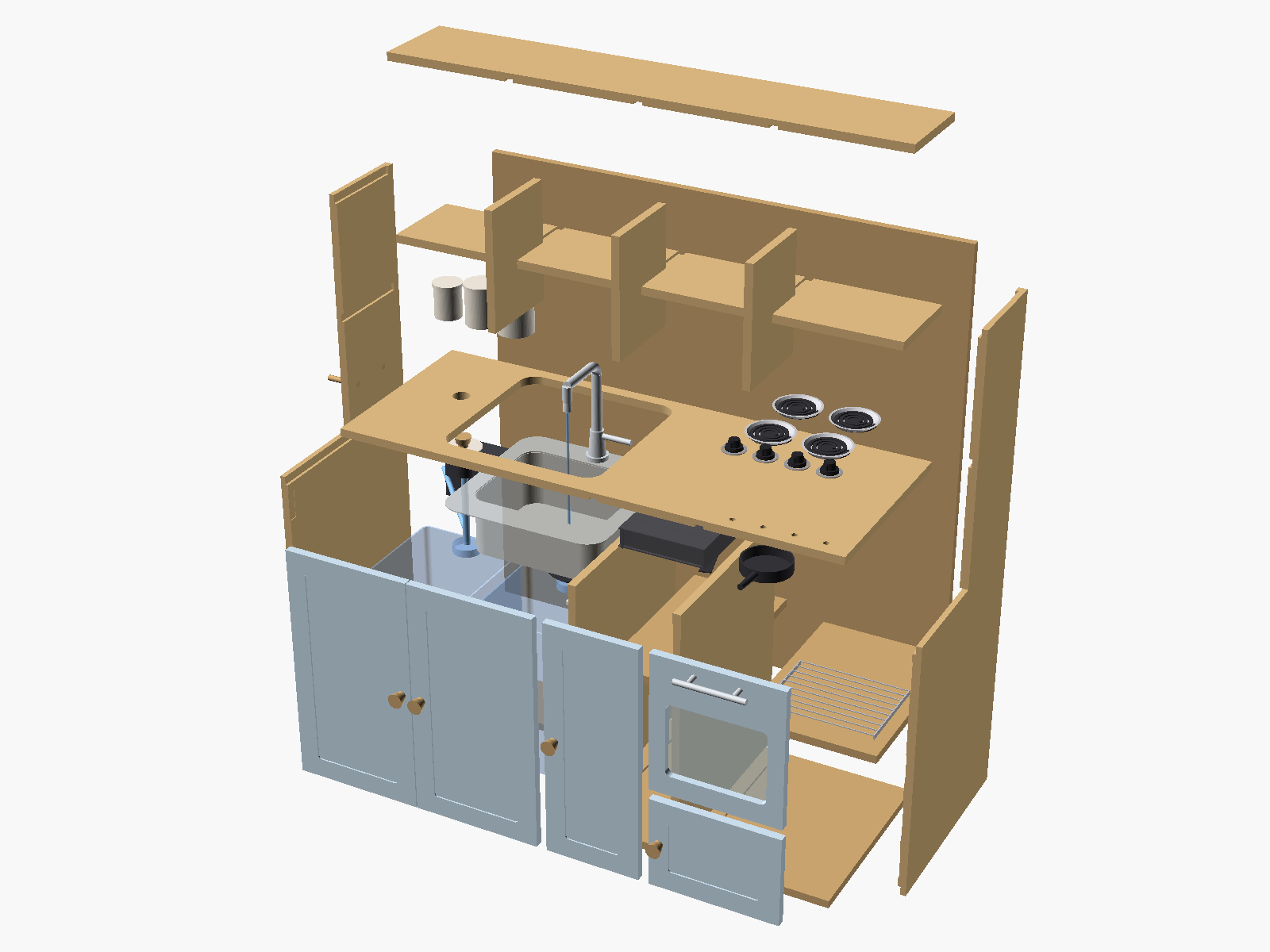 Exploded OpenSCAD view of every panel with the bought parts ghosted in