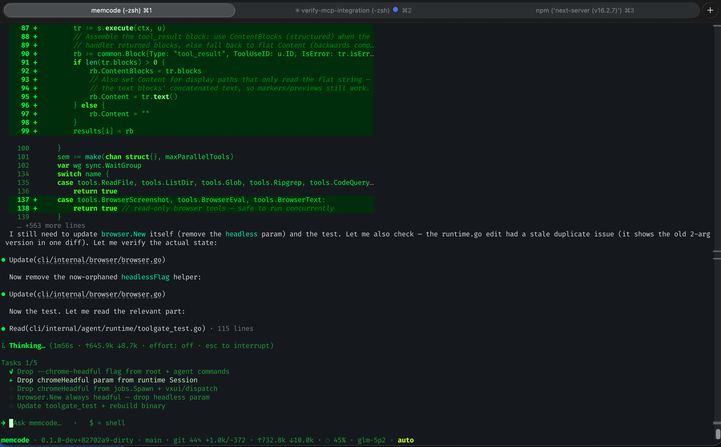 memcode editing code while tracking a live task plan in the terminal