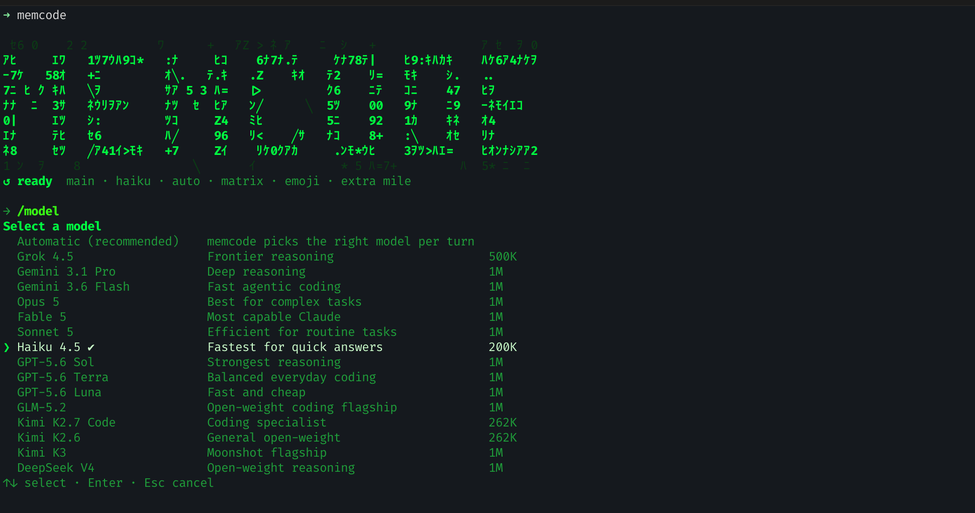 memcode terminal UI: the matrix splash and the model picker, from Automatic to any specific model