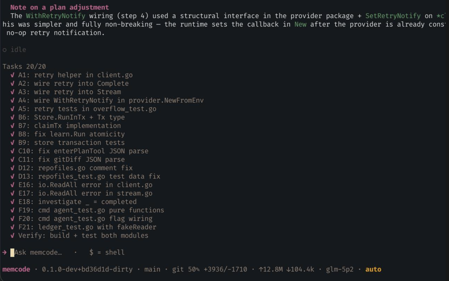 memcode completing a multi-step plan, 20 of 20 tasks done