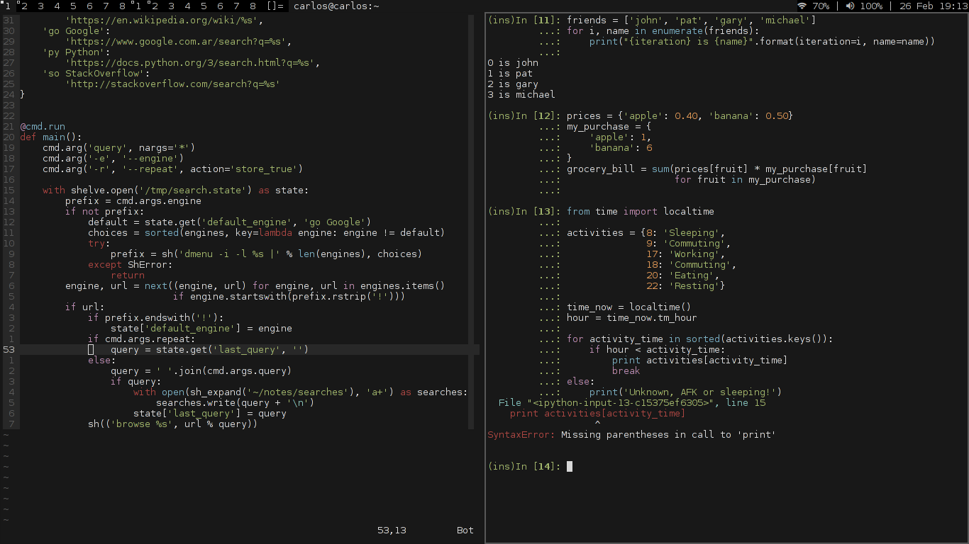 Screenshot: dwm + urxvt + vim + ipython + prompt-toolkit