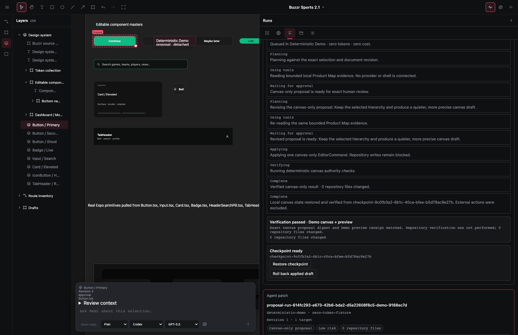 Memi Canvas workspace preview showing a design system, proposal run, and verification state.