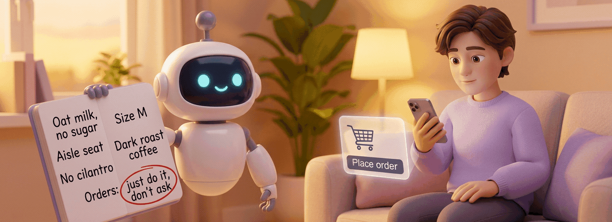 A robot agent holds its notebook about the user, where "Orders: just do it, don't ask" is circled in red, yet it raises a sign asking "Shall I proceed?". The user, shopping on a phone, face-palms and says "Just do it!"