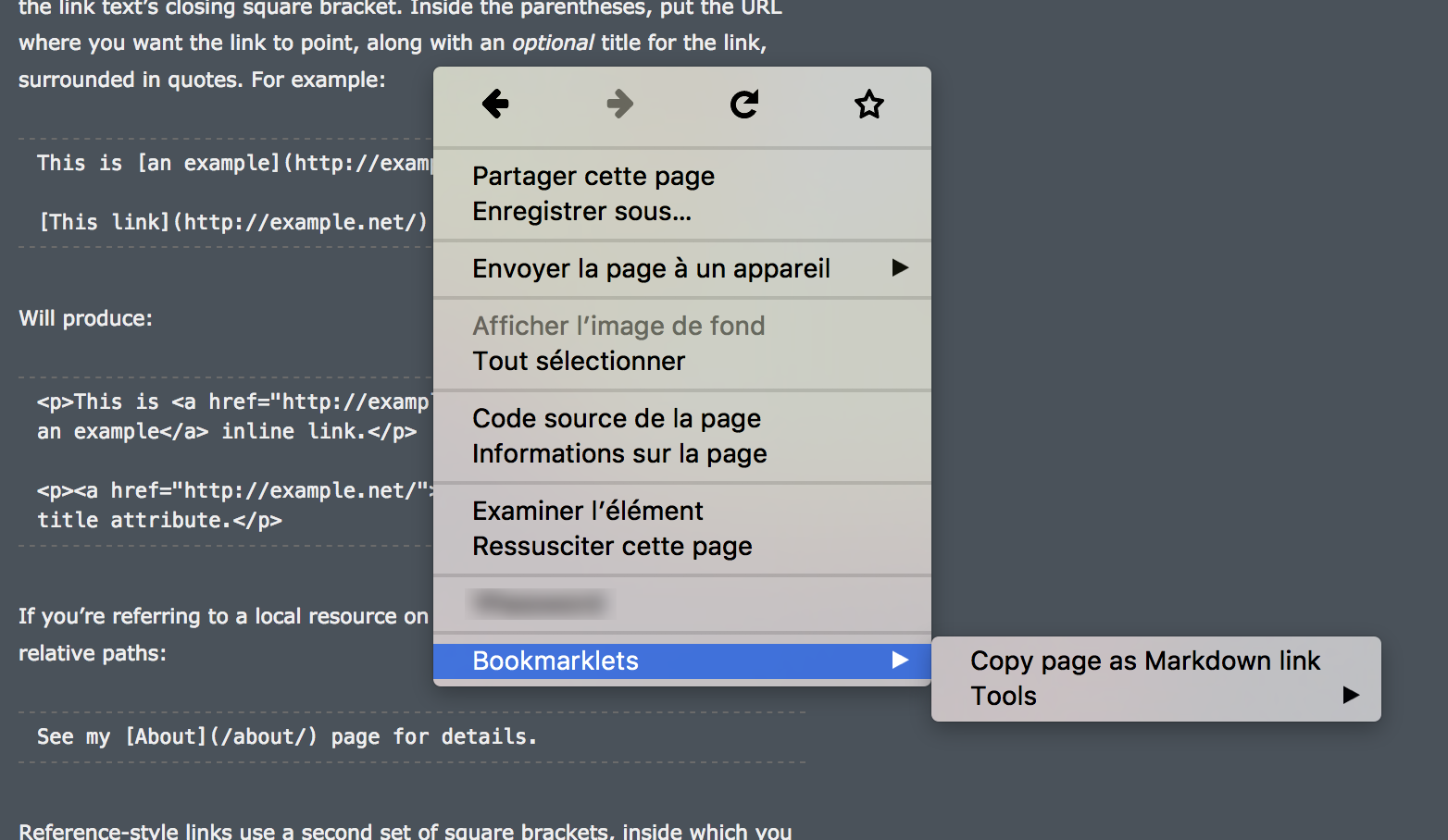 Firefox capture of Bookmarklets context menu: Context menu opened with a folder and a bookmarklet "Copy page as Markdown link"