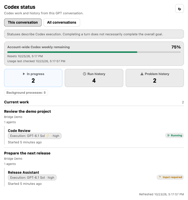 English ChatGPT Dashboard showing conversation scope, weekly usage, and the In progress, Run history, and Problem history tabs