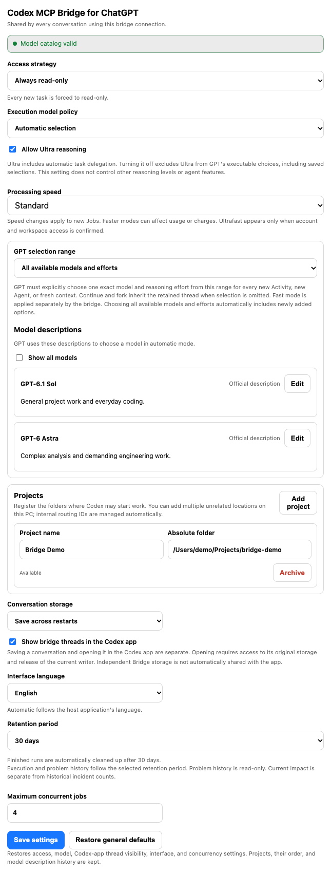 English ChatGPT Settings with processing speed, model policy, registered projects, conversation storage, and history retention
