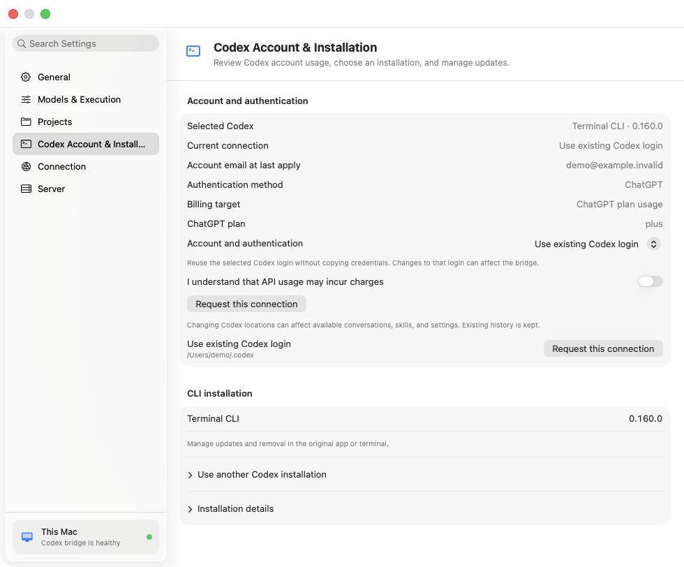 English native Codex Account and Installation settings showing separate authentication and installation choices