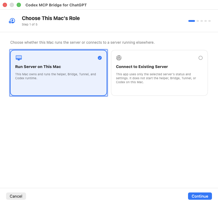 English macOS connection assistant showing the server and client roles