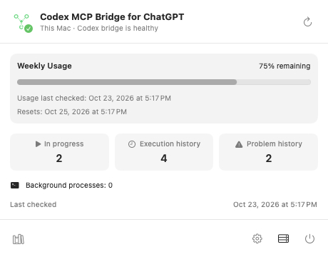 English macOS menu-bar summary with weekly usage and current work counts