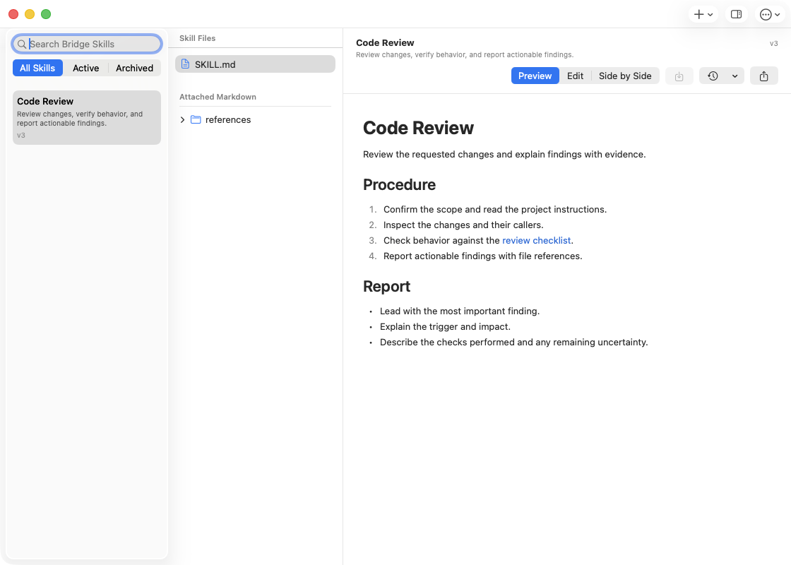 English native Skill Library showing a reusable Code Review skill, its Markdown file tree, and rendered preview
