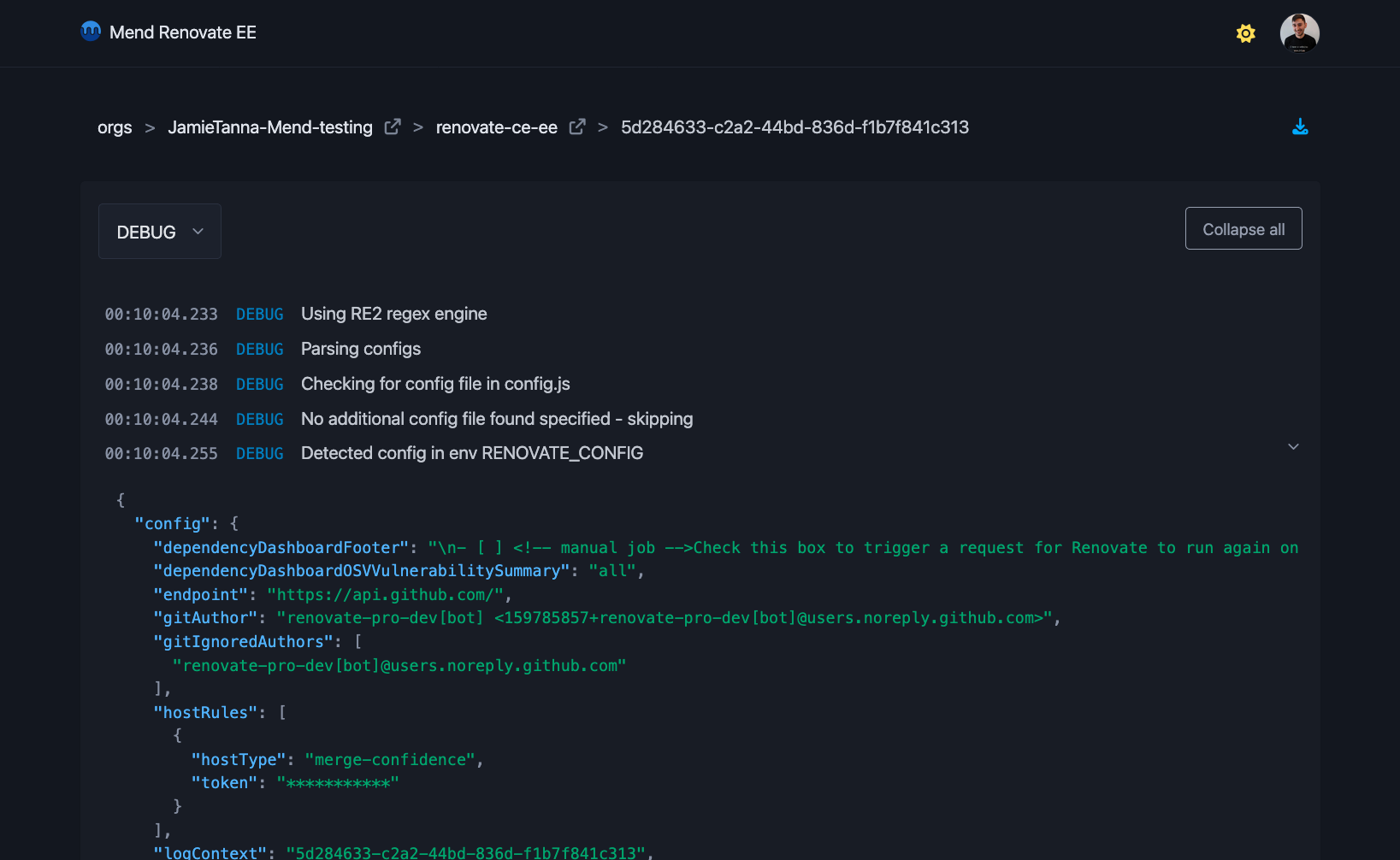 A screenshot of a repository's job logs, presented in dark mode. There is syntax highlighting for extended JSON context on a log line,  Detected config in env RENOVATECONFIG, which provides more insight into what the log line is showing. There are two buttons to note - a button, shown as a download icon, to download logs and a "Collapse all" button. There is also a select box to note the lowest log level to show, which is currently set to DEBUG. You really want to try it, because it looks like it'll improve your life significantly!