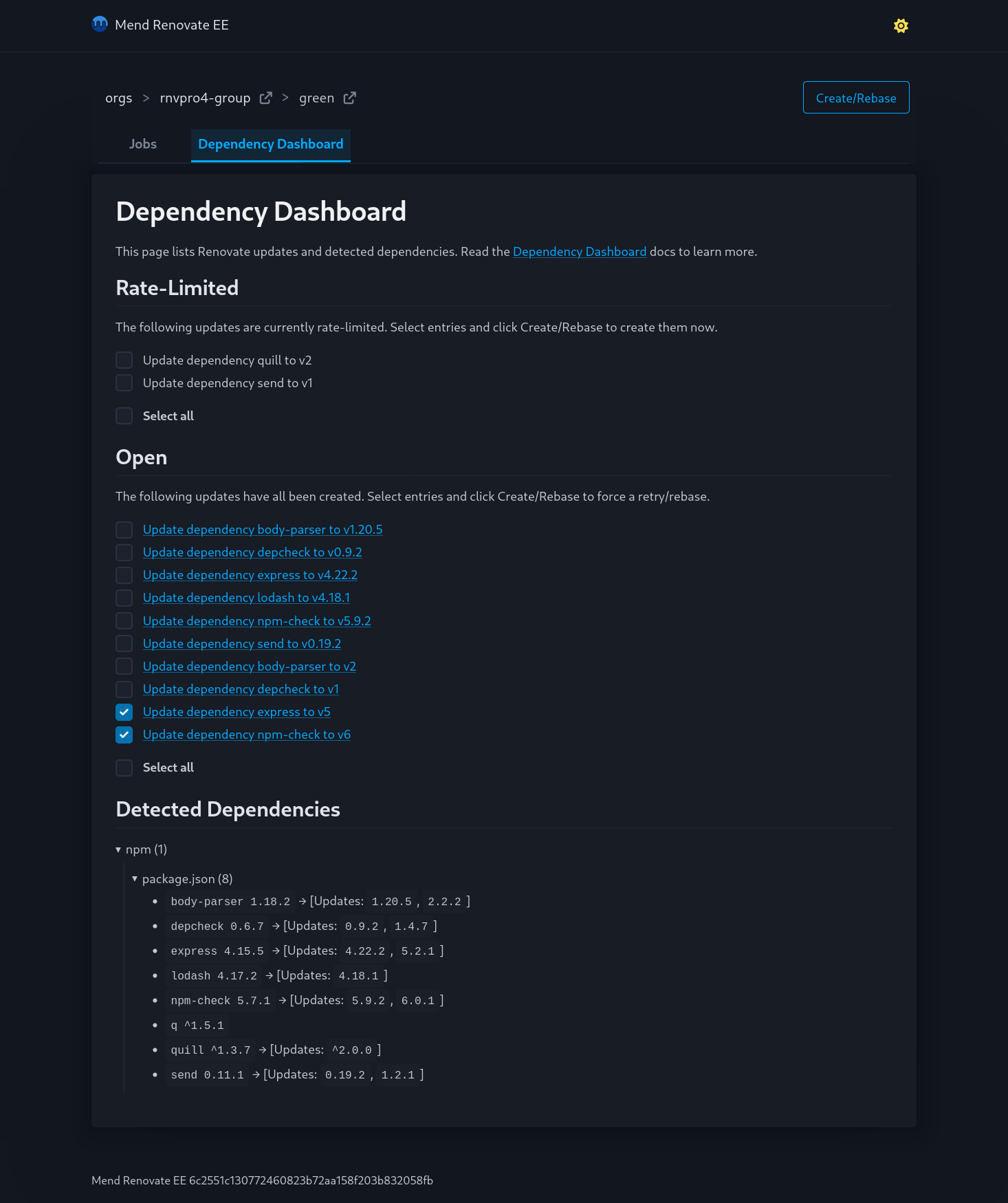 A screenshot of the repository Dependency Dashboard in the web UI. The Dependency Dashboard tab is selected, two update entries are checked, and the Create/Rebase button is visible so Renovate jobs can be triggered for the selected updates