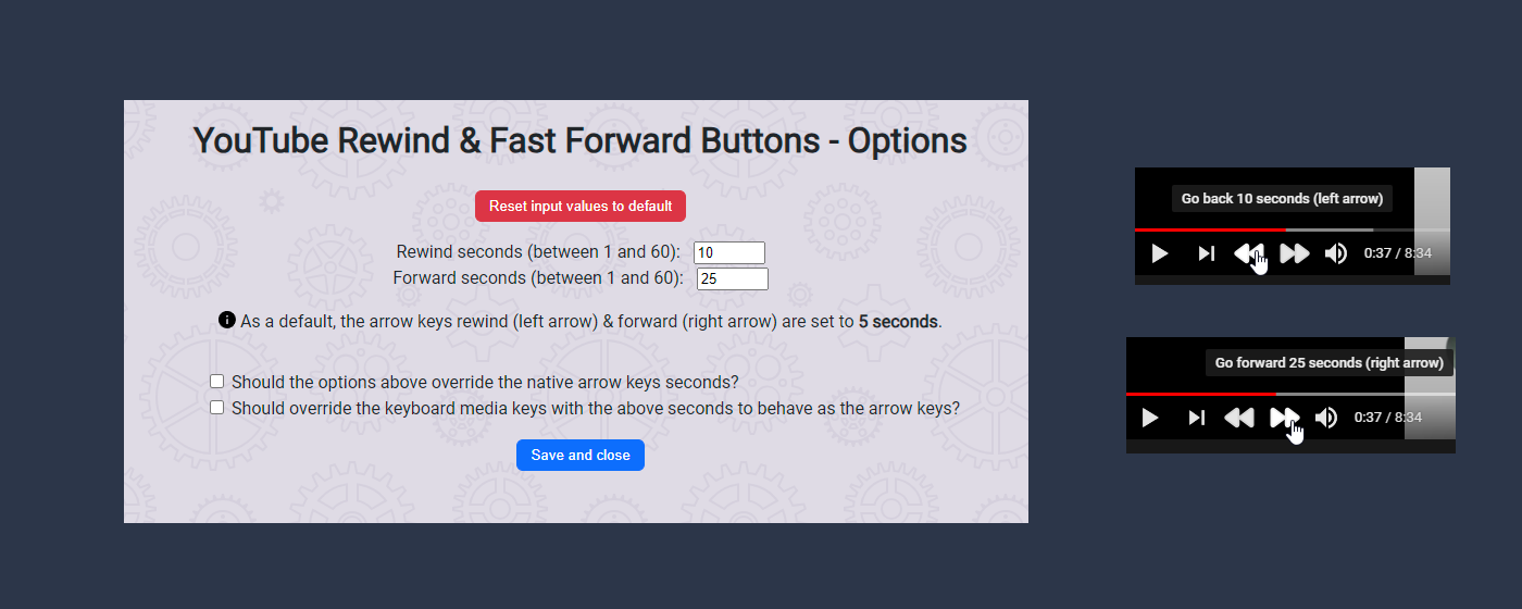 Options Page & Rewind Fast Forward buttons