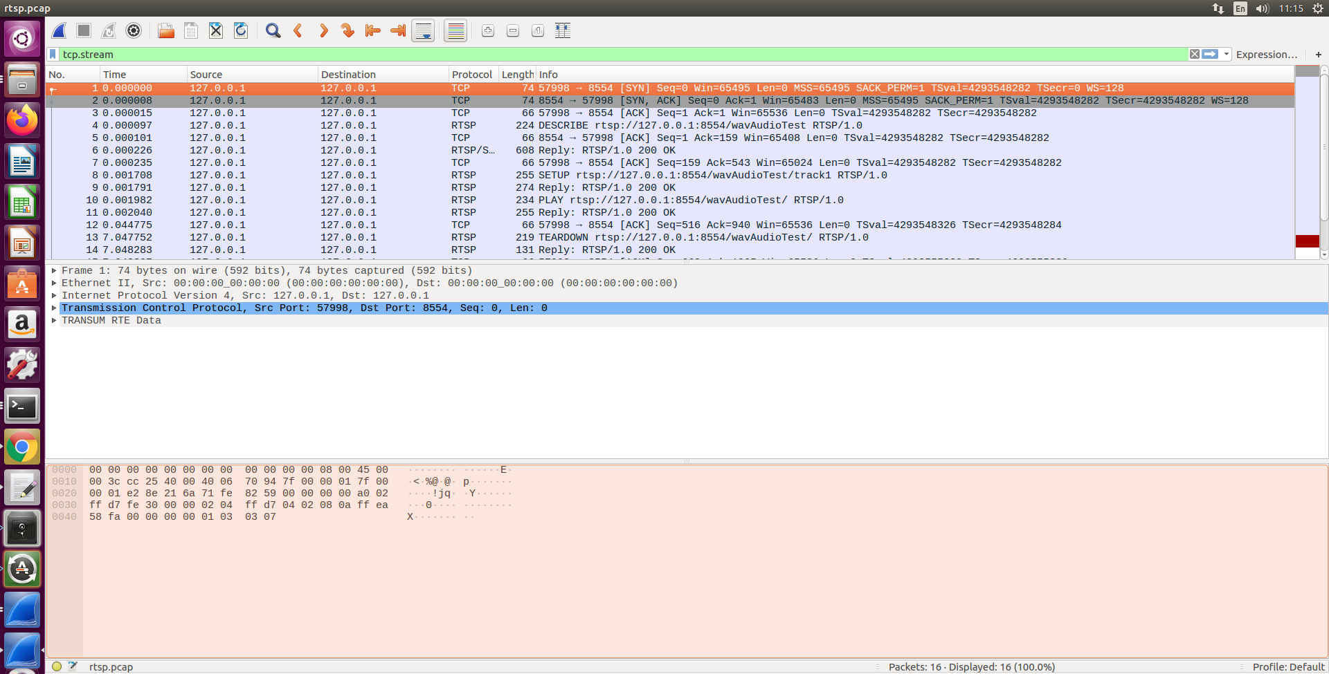 Analyzing the pcap file with Wireshark