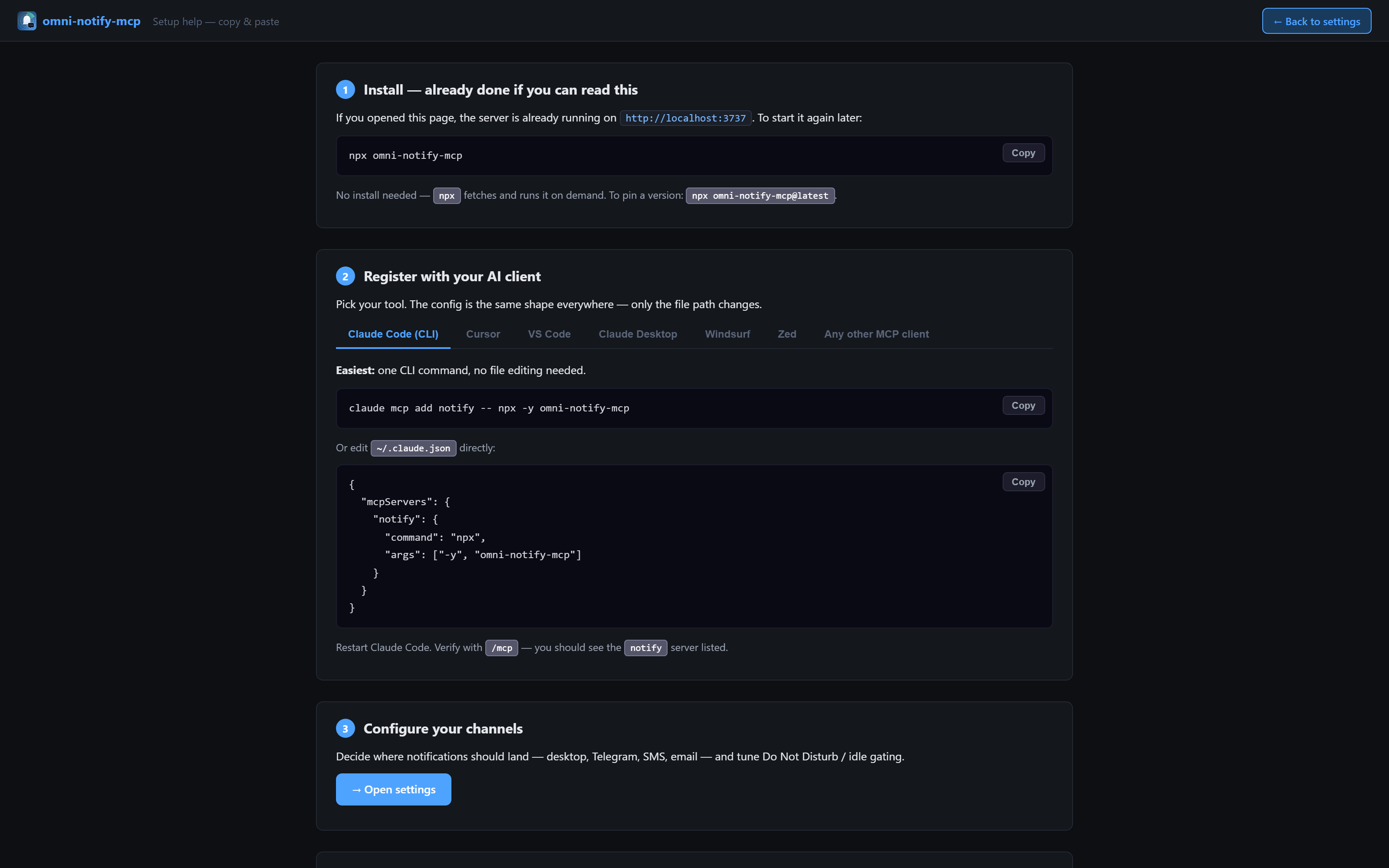 Help page — copy-paste registration snippets per client