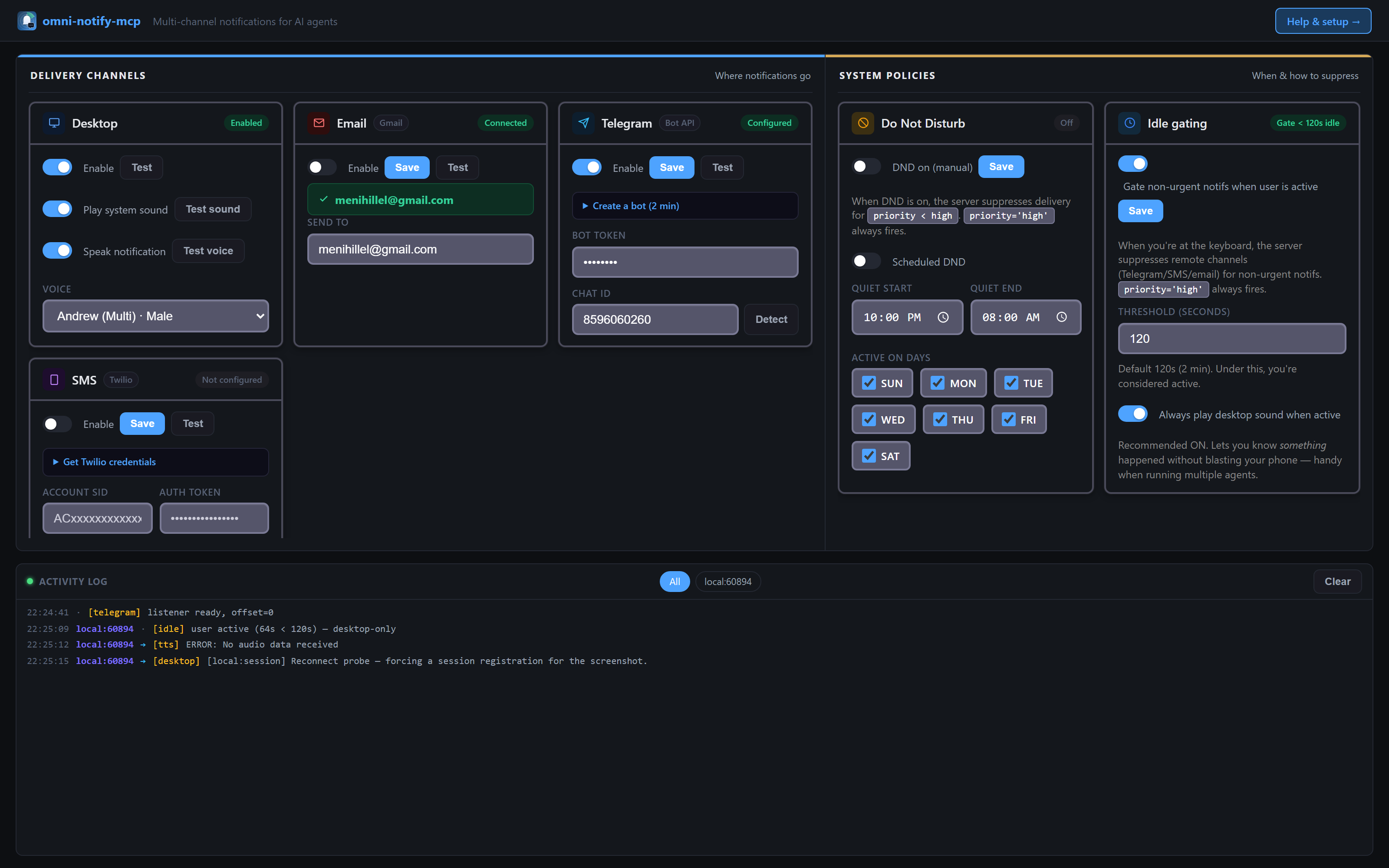 Config UI — delivery channels and system policies side by side
