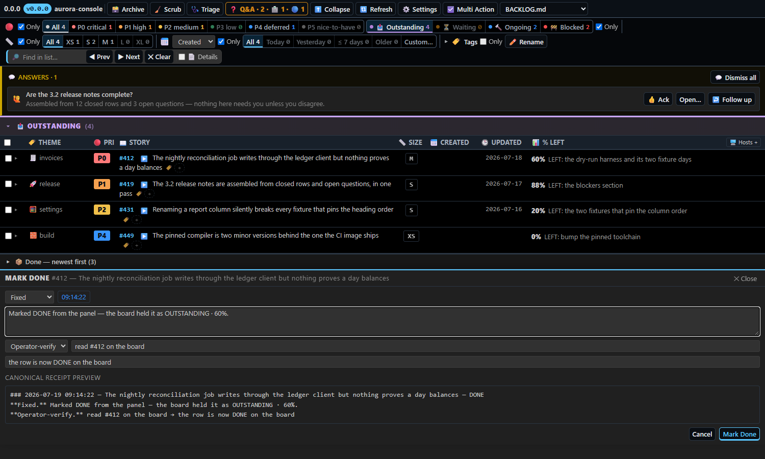 The ship composer β verb, time, body, verify clause and the canonical receipt preview