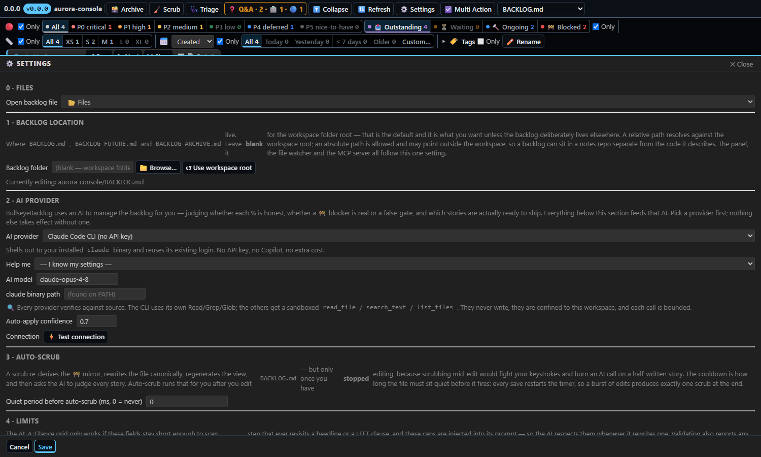 Settings β the backlog location, the AI provider and the auto-scrub cooldown