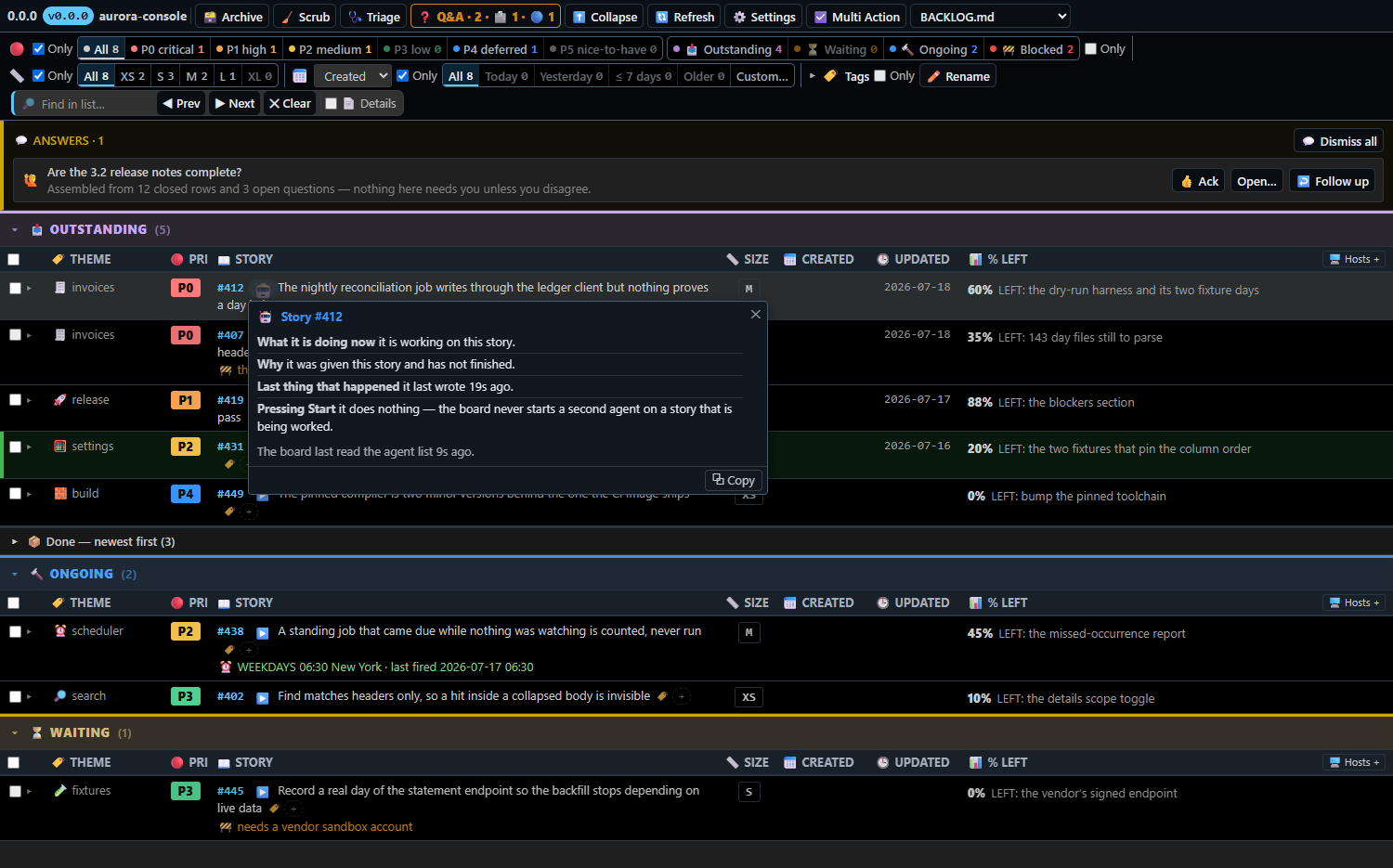 Hovering the agent on #412 β its own claimed percent, ETA, what is left, tokens and branch