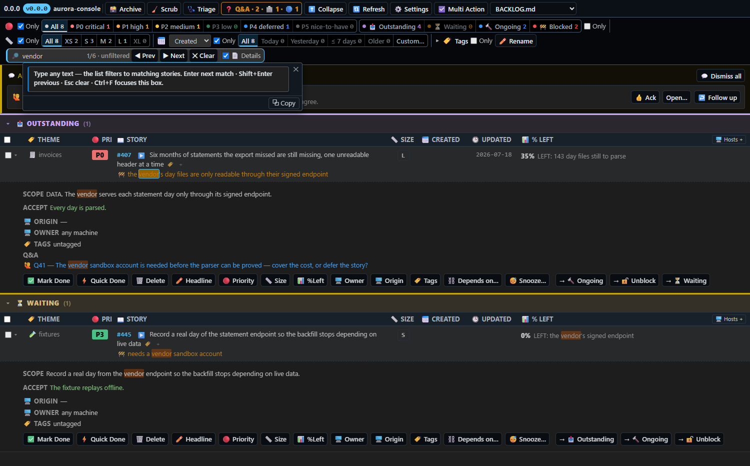 Find with Details on β matching stories narrowed and their bodies opened, every hit marked