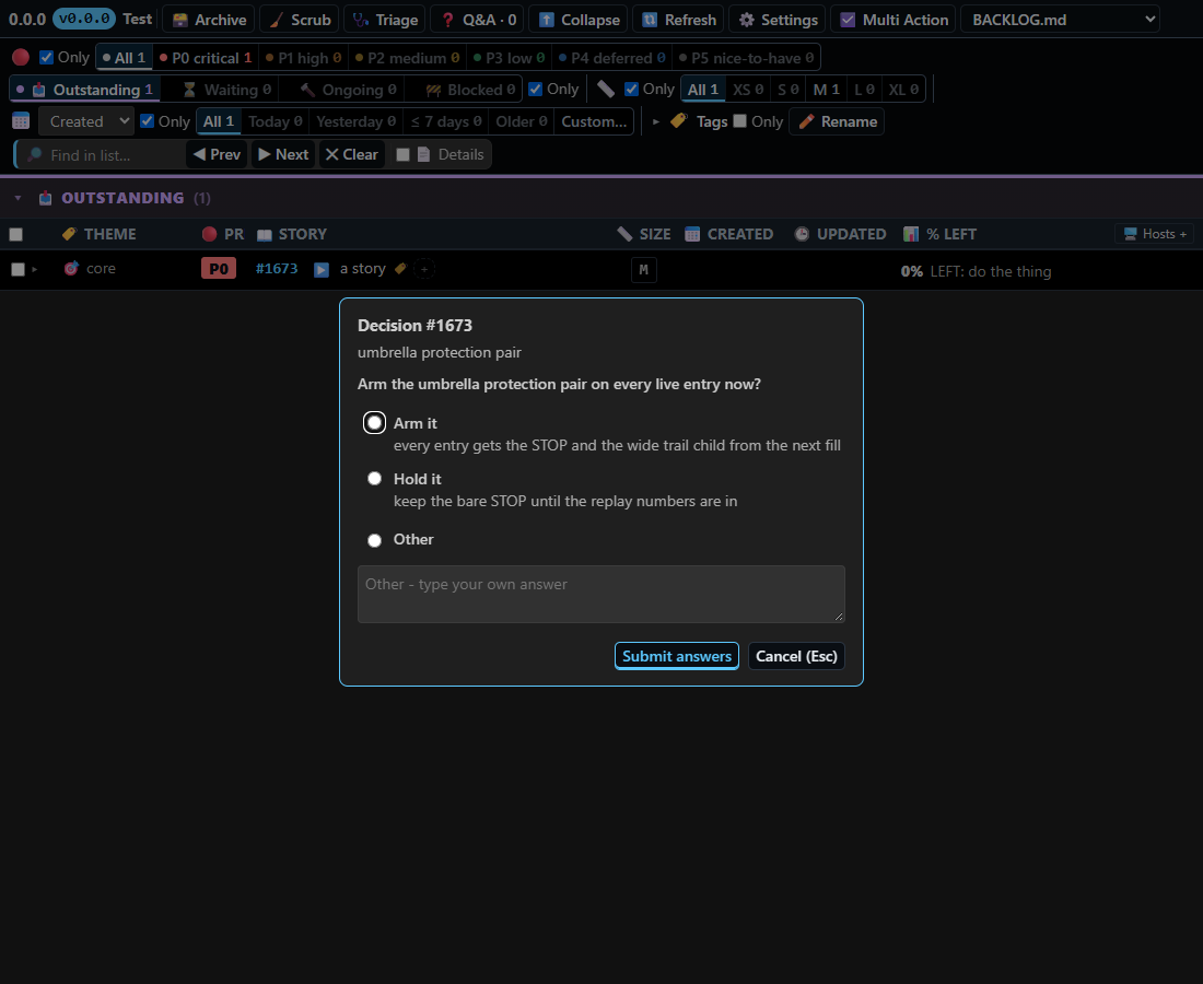 The decision form β the question, one choice per option, a free-text Other, Submit answers