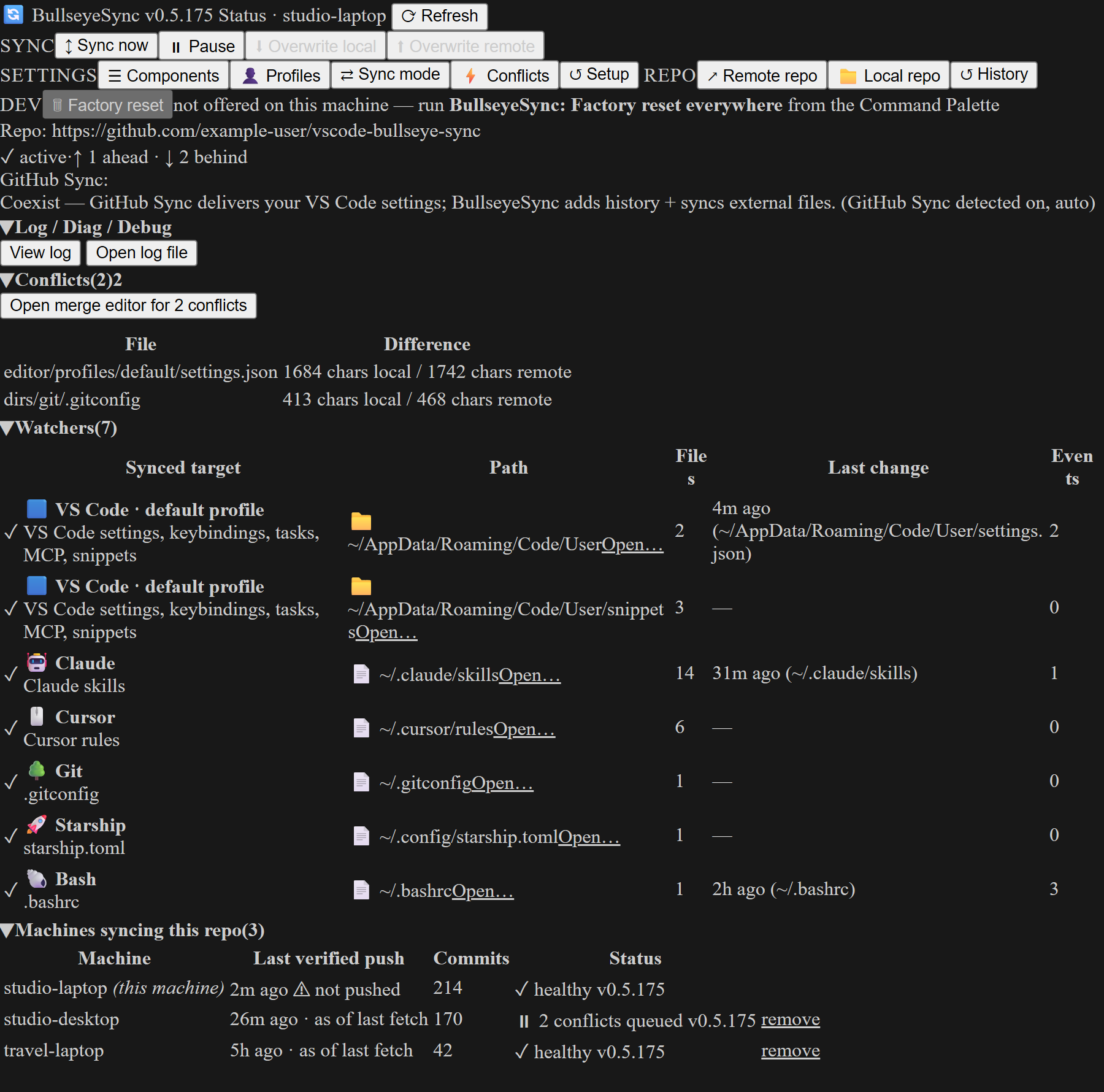 Conflicts — two files diverged on the same keys, with the merge-editor entry point