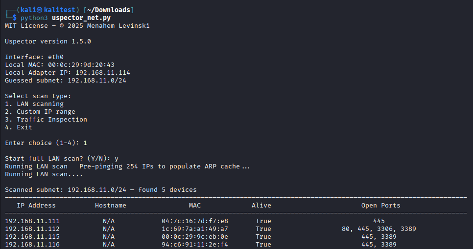 Uspector LAN Scanning Screenshot