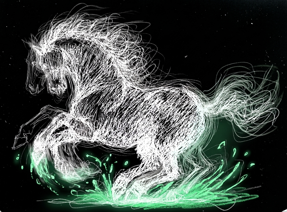 Alt Un cavallo in movimento, ritratto con uno schizzo invertito a linee bianche, sormonta un'acqua verde fosforescente sotto uno scuro cielo notturno.