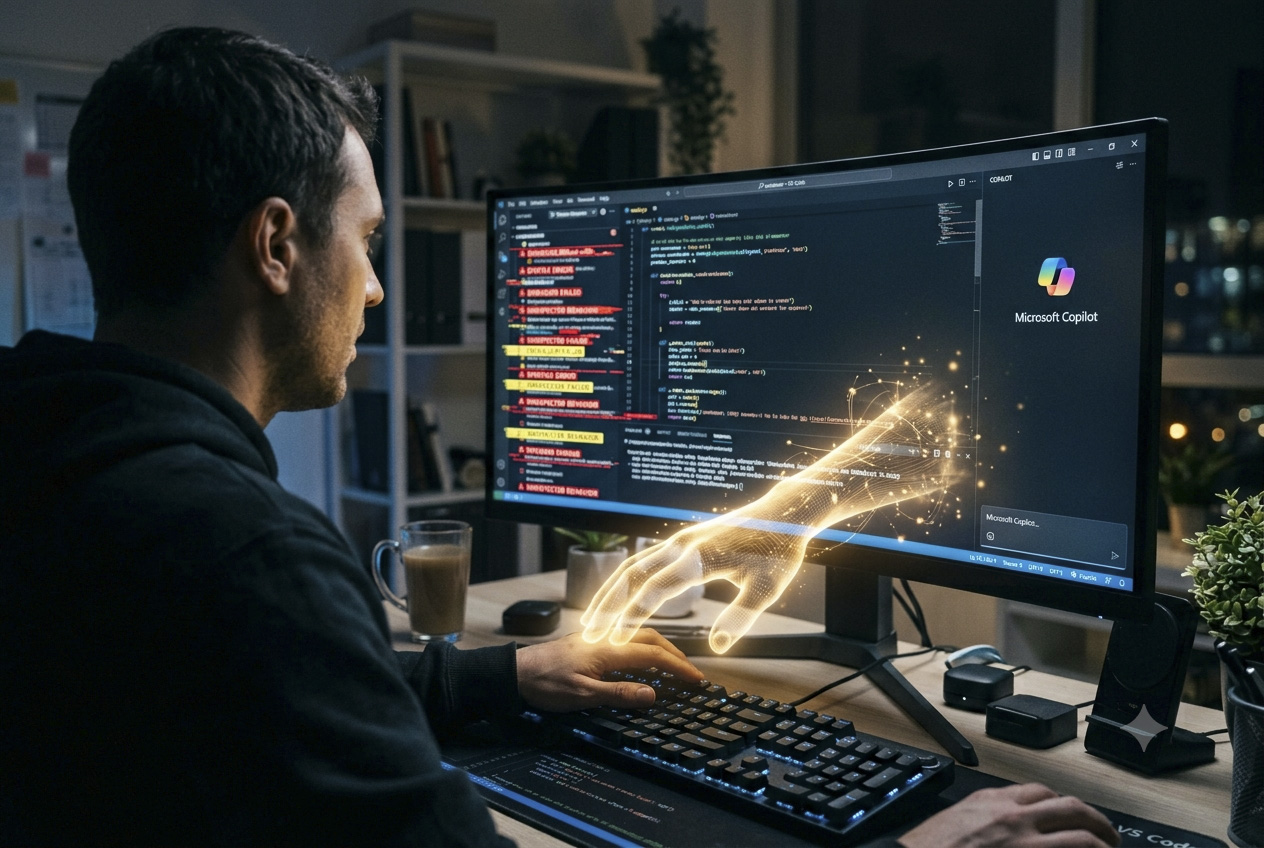 Alt Un utente umano di spalle davanti allo schermo di un PC riceve comfort della "mano di luce" di Copilot.