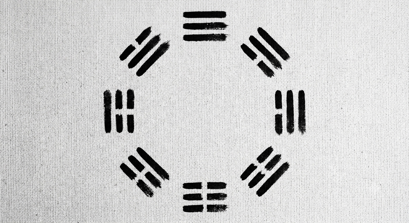 Alt A minimalist black and white macro photograph of the 8 fundamental trigram symbols from the I Ching, arranged in a perfect, wide circular layout on a raw textile canvas backdrop. The 8 distinct symbols are spaced evenly along the outer edge of the circle, leaving the center of the canvas completely empty and clean. Each trigram consists of exactly three horizontal lines, either solid (Yang) or broken in the middle (Yin), painted with elegant, bold black ink brushstrokes (sumi-e style) with natural, imperfect textures. The 8 specific trigram variations present are: Three solid lines; Three broken lines; Two solid lines with one broken line; Two broken lines with one solid line; and their alternating combinations, ensuring all 8 symbols are unique with no repetitions. The background is a high-resolution, extreme close-up of an off-white, unbleached linen canvas, showing a very distinct, tactile, and visible coarse woven fabric texture. Flat lay, symmetrical composition, austere, high contrast, pure monochrome, authentic zen aesthetic.
