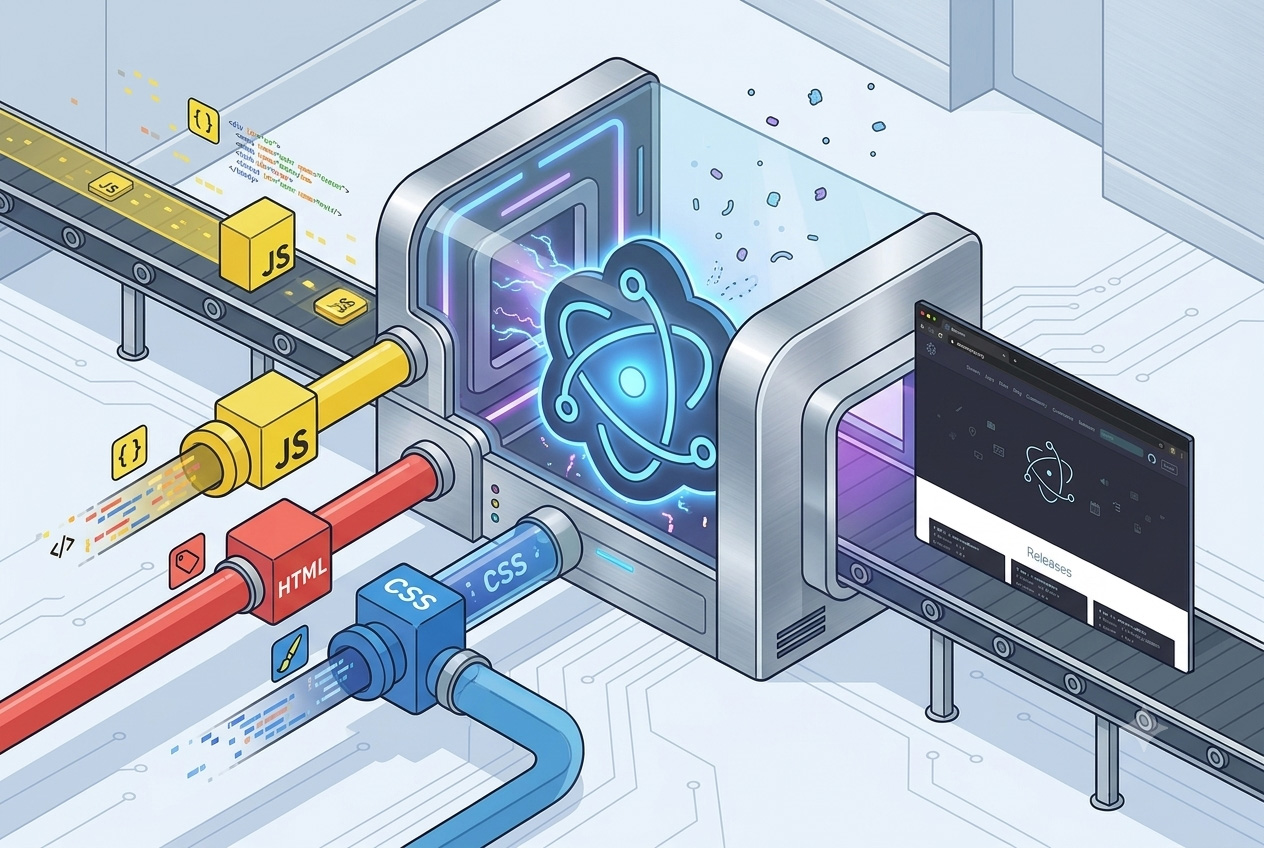Alt Cover image that conceptually illustrates the Electron framework as an "app factory" that takes web technologies and builds desktop applications, ensuring the logo and output app have the exact appearance as seen in the reference image