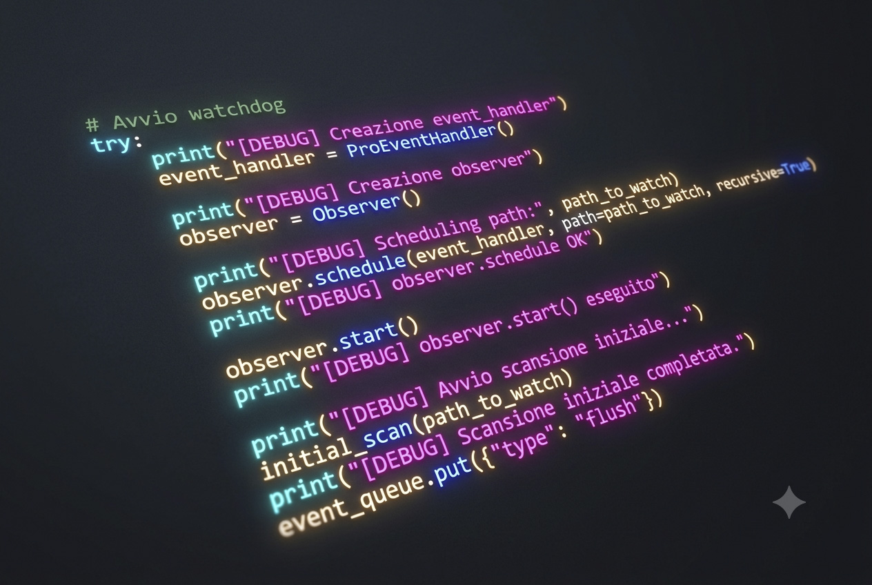 Alt Uno snippet di codice Python è reso con un effetto prospettiva e colori al neon che risaltano sullo sfondo scuro, creando un'atmosfera tecnologica e d'impatto.