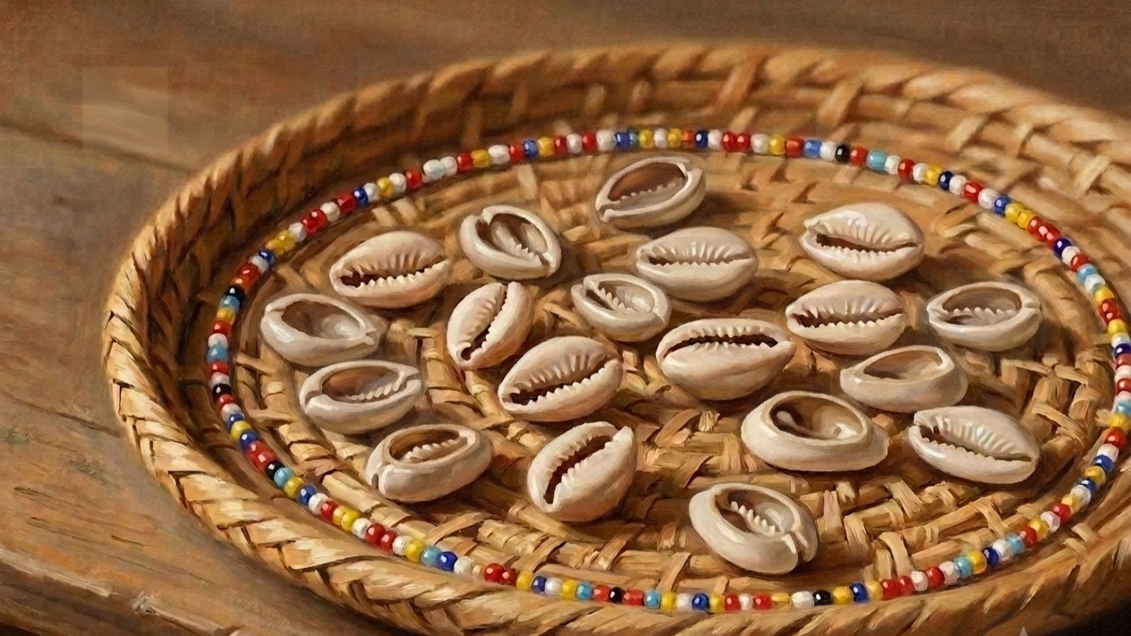 Alt Quadro stretto su un cestino intrecciato rotondo con un bordo di contenimento, con delle conchiglie Cauri. Le conchiglie hanno un'apertura naturale da un lato e un dorso liscio dall'altro che è stato tagliato in orizzontale per costituire un adeguato piano di appoggio. Alcune mostrano l'apertura verso l'alto e altre mostrano il dorso e sono circondate da una collana di perline.