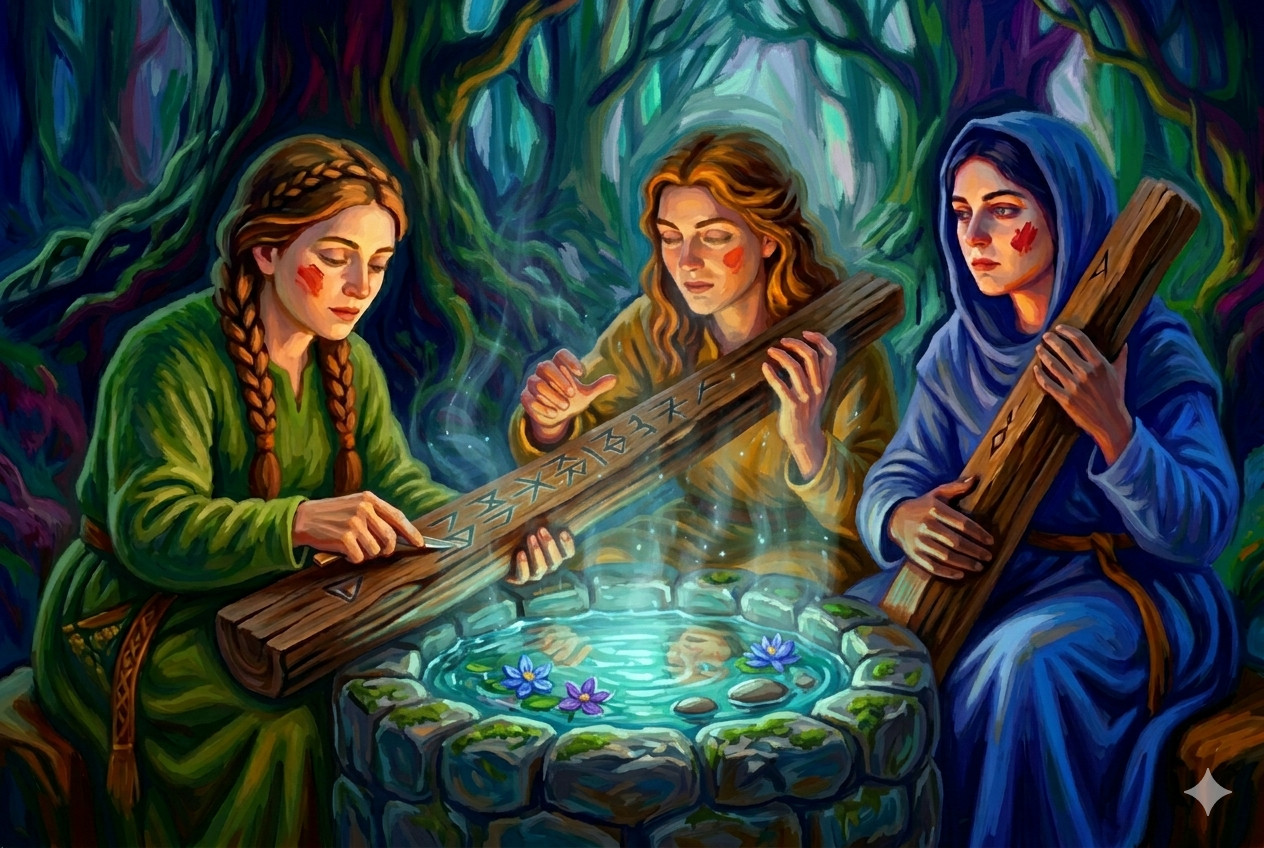 Alt Le Tre Norne alla Fonte del Destino, stile pittorico naif, luce scolpita. Scena intima e mitica: le tre Norne norrene — Urðr, Verðandi, Skuld — sedute vicine attorno alla fonte del destino, in un bosco antico e silenzioso. Il frame è stretto, concentrato sui loro volti e sulle mani che incidono la flesca, il legno del destino.